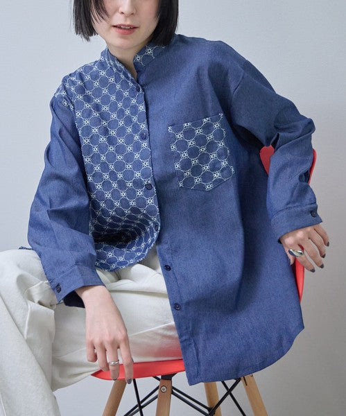 刺繍切替 デニム風 ブラウス 長袖 バンドカラー 羽織り ゆったり 体型カバー 春夏