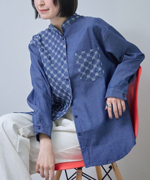 刺繍切替 デニム風 ブラウス 長袖 バンドカラー 羽織り ゆったり 体型カバー 春夏