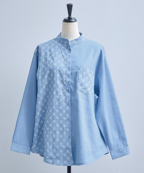 刺繍切替 デニム風 ブラウス 長袖 バンドカラー 羽織り ゆったり 体型カバー 春夏