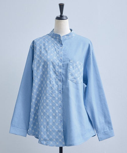 刺繍切替 デニム風 ブラウス 長袖 バンドカラー 羽織り ゆったり 体型カバー 春夏