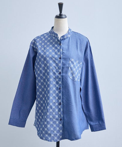 刺繍切替 デニム風 ブラウス 長袖 バンドカラー 羽織り ゆったり 体型カバー 春夏