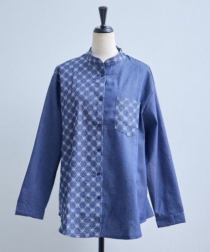 刺繍切替 デニム風 ブラウス 長袖 バンドカラー 羽織り ゆったり 体型カバー 春夏