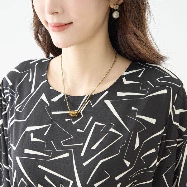 ライン柄 幾何学模様 プリーツ ロングワンピース 長袖 シャーリング ウエスト切替 きれいめ