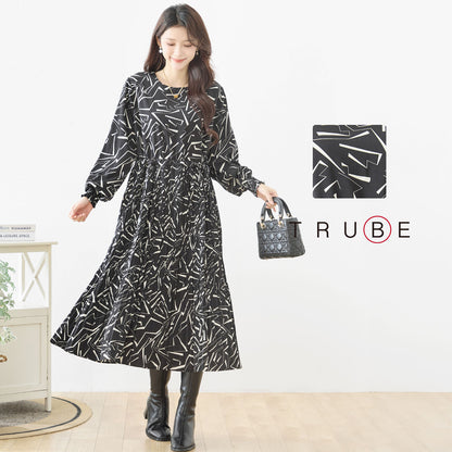 ライン柄 幾何学模様 プリーツ ロングワンピース 長袖 シャーリング ウエスト切替 きれいめ