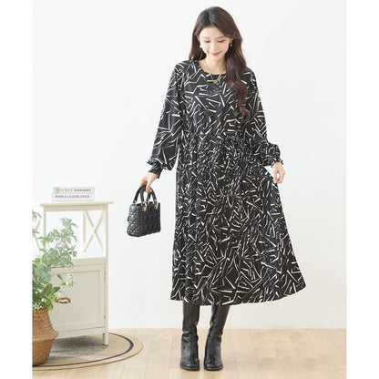 ライン柄 幾何学模様 プリーツ ロングワンピース 長袖 シャーリング ウエスト切替 きれいめ