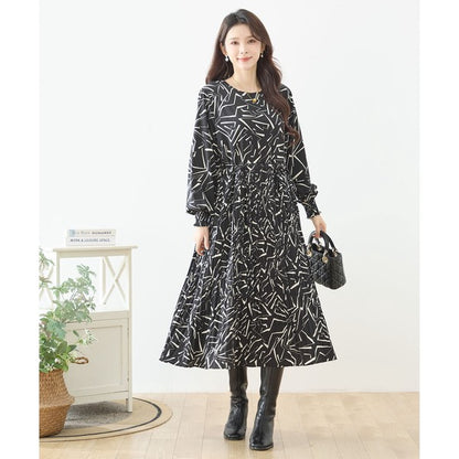 ライン柄 幾何学模様 プリーツ ロングワンピース 長袖 シャーリング ウエスト切替 きれいめ