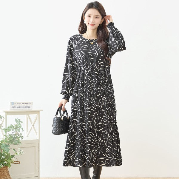 ライン柄 幾何学模様 プリーツ ロングワンピース 長袖 シャーリング ウエスト切替 きれいめ