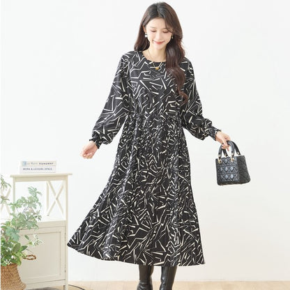 ライン柄 幾何学模様 プリーツ ロングワンピース 長袖 シャーリング ウエスト切替 きれいめ