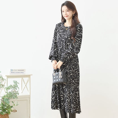 ライン柄 幾何学模様 プリーツ ロングワンピース 長袖 シャーリング ウエスト切替 きれいめ