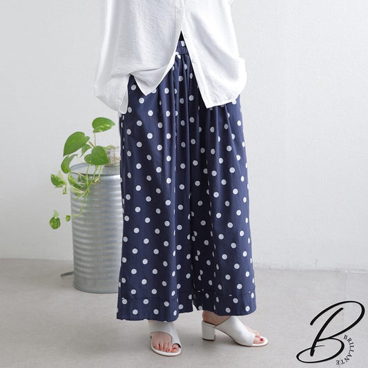 綿麻 ドット柄 ワイドパンツ 裾ロールアップ ダブル ウエストゴム ゆったり 春夏