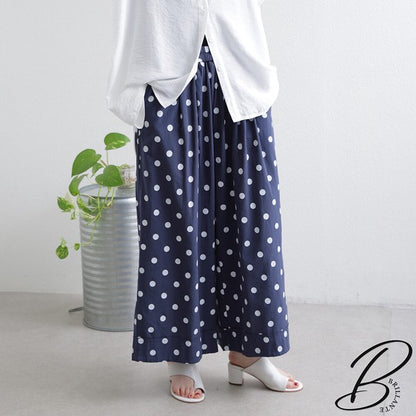 綿麻 ドット柄 ワイドパンツ 裾ロールアップ ダブル ウエストゴム ゆったり 春夏