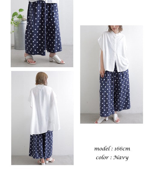 綿麻 ドット柄 ワイドパンツ 裾ロールアップ ダブル ウエストゴム ゆったり 春夏