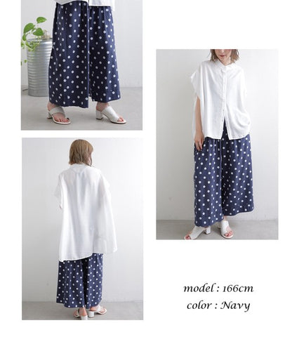 綿麻 ドット柄 ワイドパンツ 裾ロールアップ ダブル ウエストゴム ゆったり 春夏