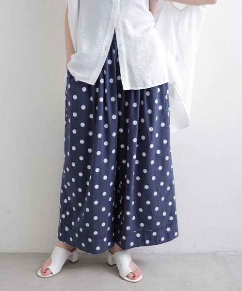 綿麻 ドット柄 ワイドパンツ 裾ロールアップ ダブル ウエストゴム ゆったり 春夏