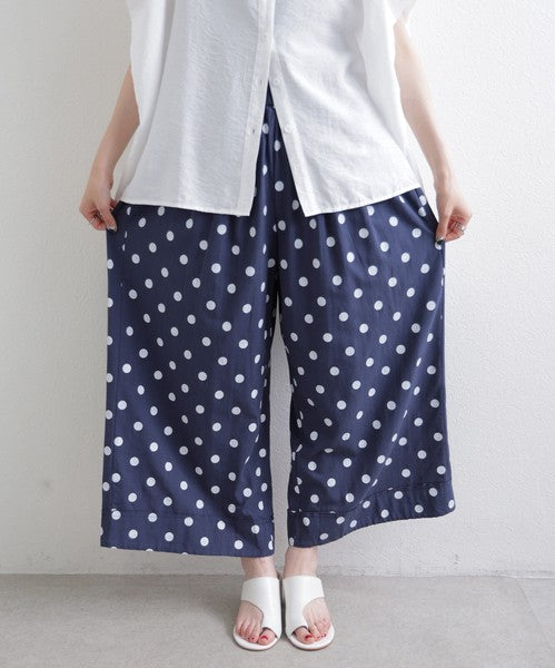綿麻 ドット柄 ワイドパンツ 裾ロールアップ ダブル ウエストゴム ゆったり 春夏