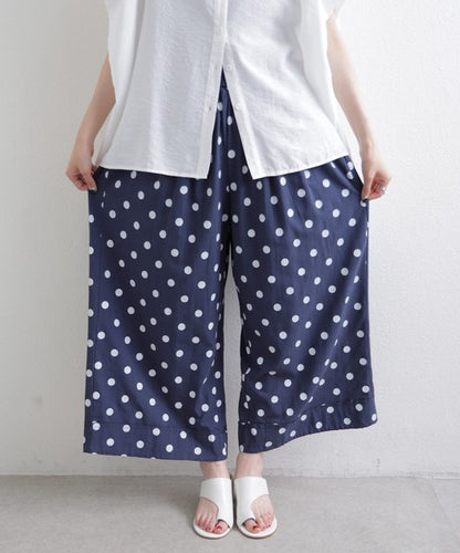綿麻 ドット柄 ワイドパンツ 裾ロールアップ ダブル ウエストゴム ゆったり 春夏
