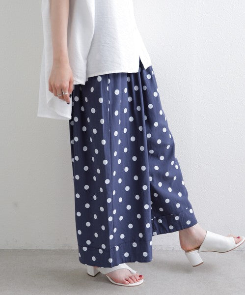 綿麻 ドット柄 ワイドパンツ 裾ロールアップ ダブル ウエストゴム ゆったり 春夏