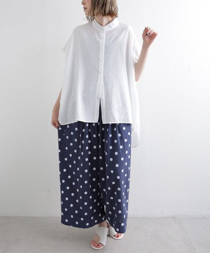 綿麻 ドット柄 ワイドパンツ 裾ロールアップ ダブル ウエストゴム ゆったり 春夏