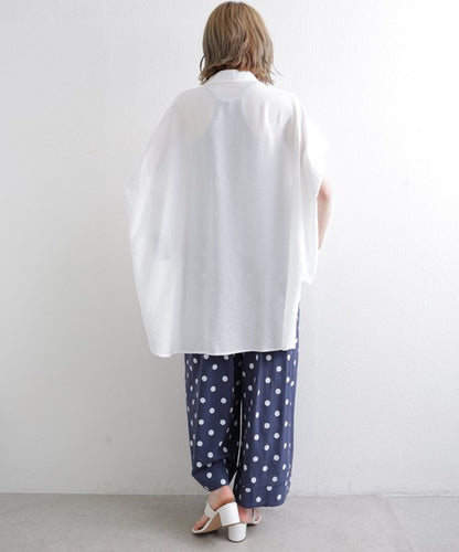 綿麻 ドット柄 ワイドパンツ 裾ロールアップ ダブル ウエストゴム ゆったり 春夏