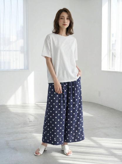 綿麻 ドット柄 ワイドパンツ 裾ロールアップ ダブル ウエストゴム ゆったり 春夏