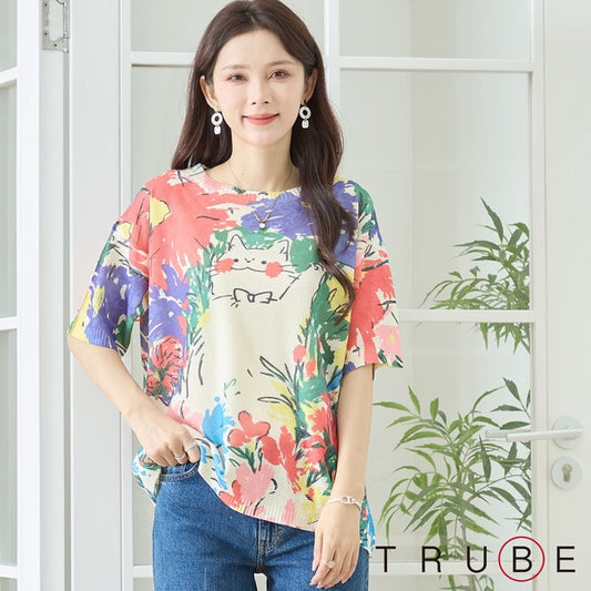 キャット アートプリント サマーニット トップス 半袖 花柄 猫柄 レーヨン混 ゆったり 春夏