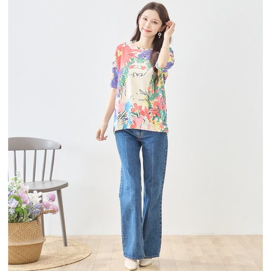 キャット アートプリント サマーニット トップス 半袖 花柄 猫柄 レーヨン混 ゆったり 春夏