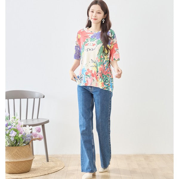 キャット アートプリント サマーニット トップス 半袖 花柄 猫柄 レーヨン混 ゆったり 春夏