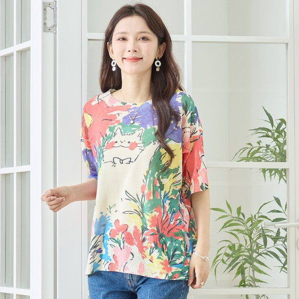 キャット アートプリント サマーニット トップス 半袖 花柄 猫柄 レーヨン混 ゆったり 春夏