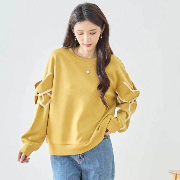 リボンスリーブ デザインプルオーバー 長袖 カットソー リボン ラインテープ ゆったり