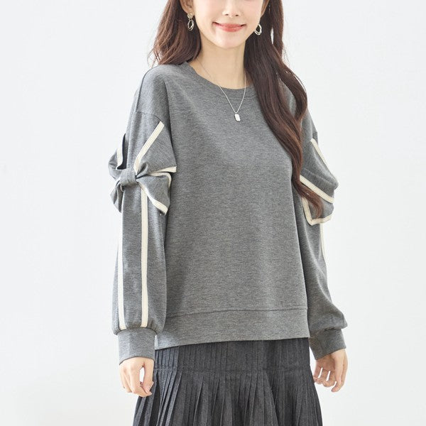リボンスリーブ デザインプルオーバー 長袖 カットソー リボン ラインテープ ゆったり