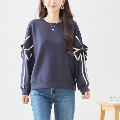 リボンスリーブ デザインプルオーバー 長袖 カットソー リボン ラインテープ ゆったり