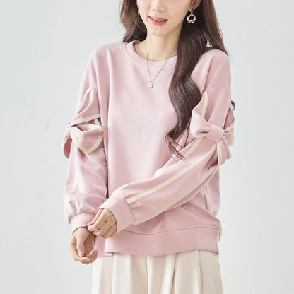 リボンスリーブ デザインプルオーバー 長袖 カットソー リボン ラインテープ ゆったり