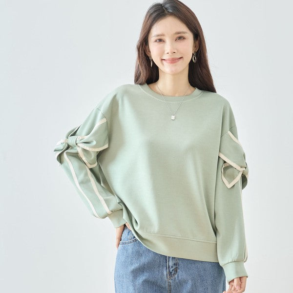 リボンスリーブ デザインプルオーバー 長袖 カットソー リボン ラインテープ ゆったり