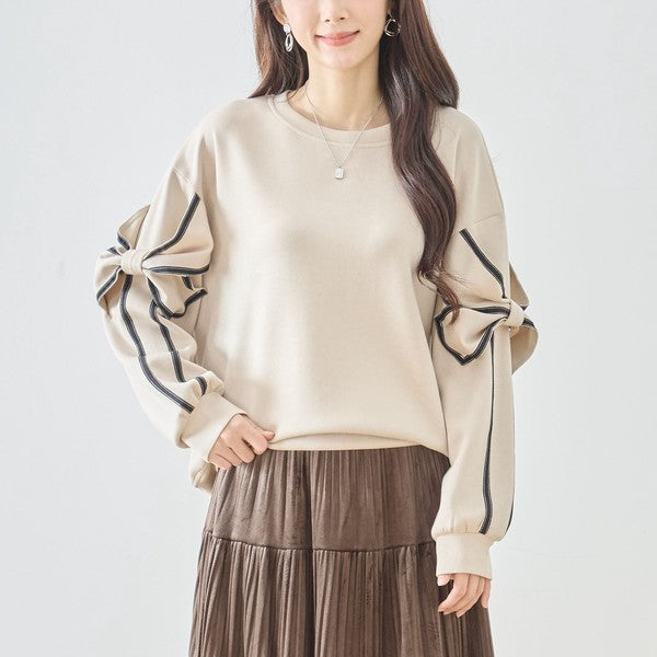 リボンスリーブ デザインプルオーバー 長袖 カットソー リボン ラインテープ ゆったり