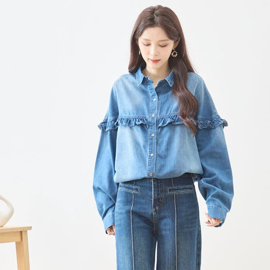 フリル デニムシャツ 長袖 ブラウス 綿100% ゆったり 羽織り カジュアル フェミニン