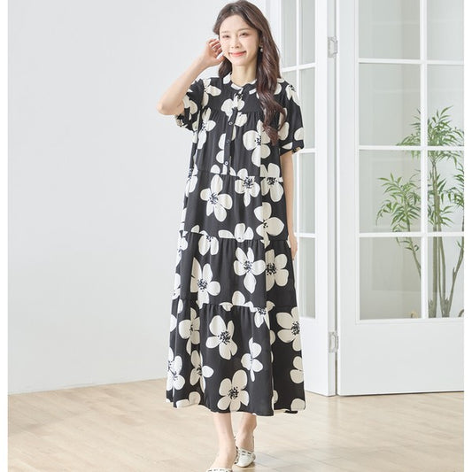 モノトーン 花柄 ティアード ワンピース 半袖 ロング丈 マキシ ゆったり 春 夏