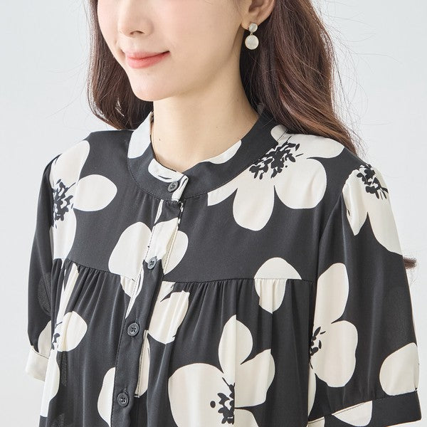 モノトーン 花柄 ティアード ワンピース 半袖 ロング丈 マキシ ゆったり 春 夏