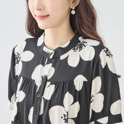 モノトーン 花柄 ティアード ワンピース 半袖 ロング丈 マキシ ゆったり 春 夏