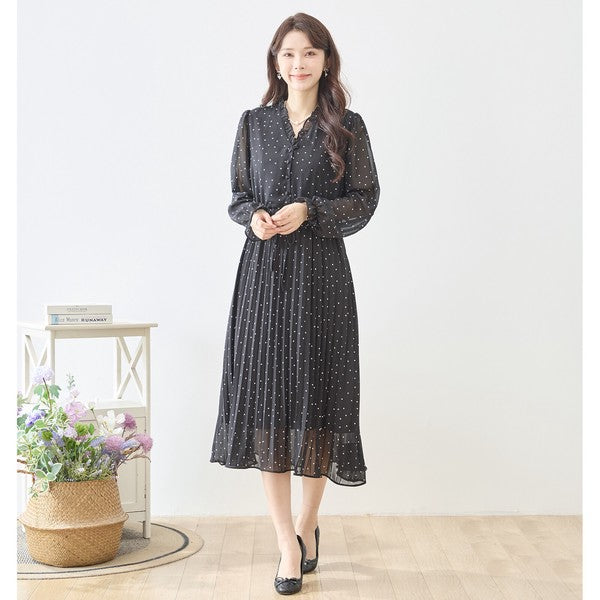 ドット柄 シフォン プリーツワンピース 長袖 Vネック フリル ウエストリボン きれいめ フェミニン