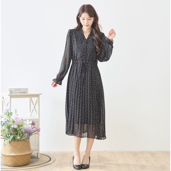 ドット柄 シフォン プリーツワンピース 長袖 Vネック フリル ウエストリボン きれいめ フェミニン