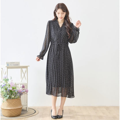 ドット柄 シフォン プリーツワンピース 長袖 Vネック フリル ウエストリボン きれいめ フェミニン