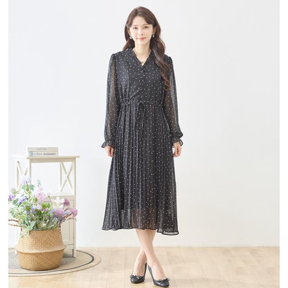ドット柄 シフォン プリーツワンピース 長袖 Vネック フリル ウエストリボン きれいめ フェミニン