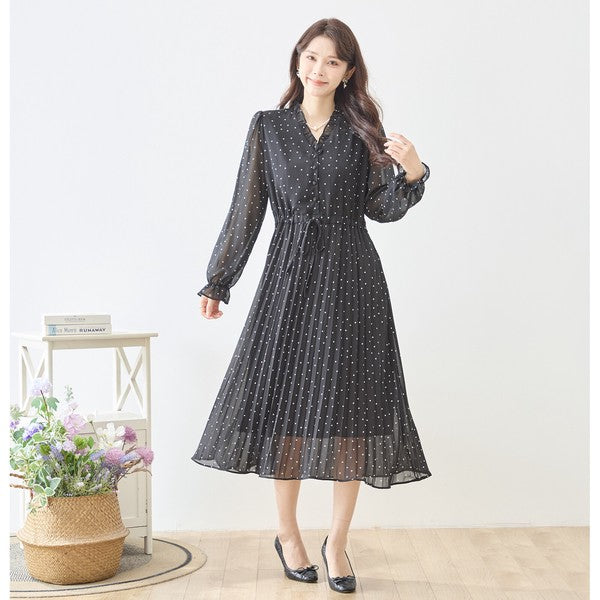 ドット柄 シフォン プリーツワンピース 長袖 Vネック フリル ウエストリボン きれいめ フェミニン