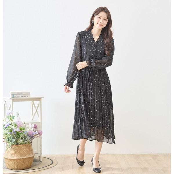 ドット柄 シフォン プリーツワンピース 長袖 Vネック フリル ウエストリボン きれいめ フェミニン