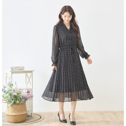 ドット柄 シフォン プリーツワンピース 長袖 Vネック フリル ウエストリボン きれいめ フェミニン