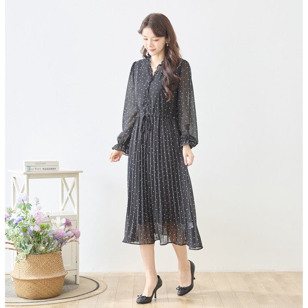 ドット柄 シフォン プリーツワンピース 長袖 Vネック フリル ウエストリボン きれいめ フェミニン