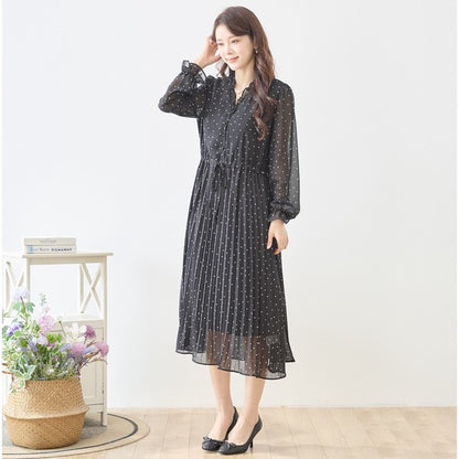 ドット柄 シフォン プリーツワンピース 長袖 Vネック フリル ウエストリボン きれいめ フェミニン