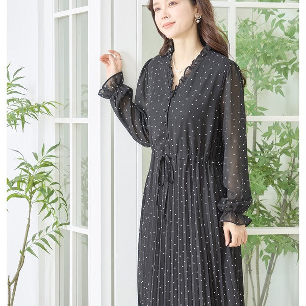 ドット柄 シフォン プリーツワンピース 長袖 Vネック フリル ウエストリボン きれいめ フェミニン