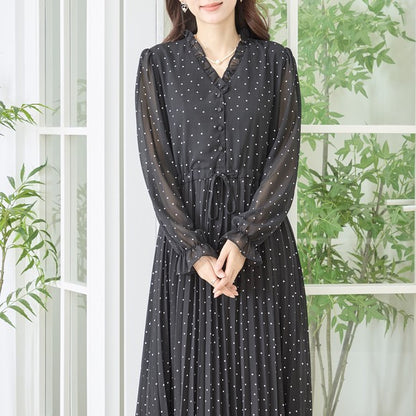ドット柄 シフォン プリーツワンピース 長袖 Vネック フリル ウエストリボン きれいめ フェミニン