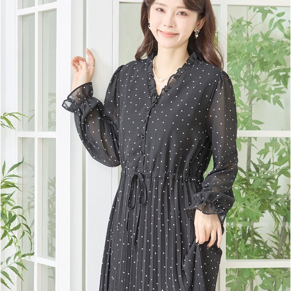 ドット柄 シフォン プリーツワンピース 長袖 Vネック フリル ウエストリボン きれいめ フェミニン
